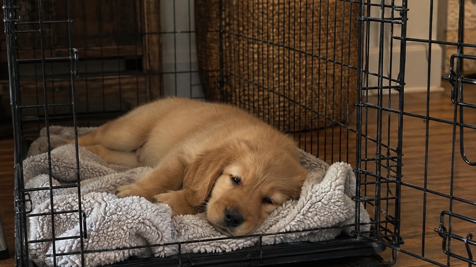 Puppy resting calmly and settled inside a crate on a soft blanket