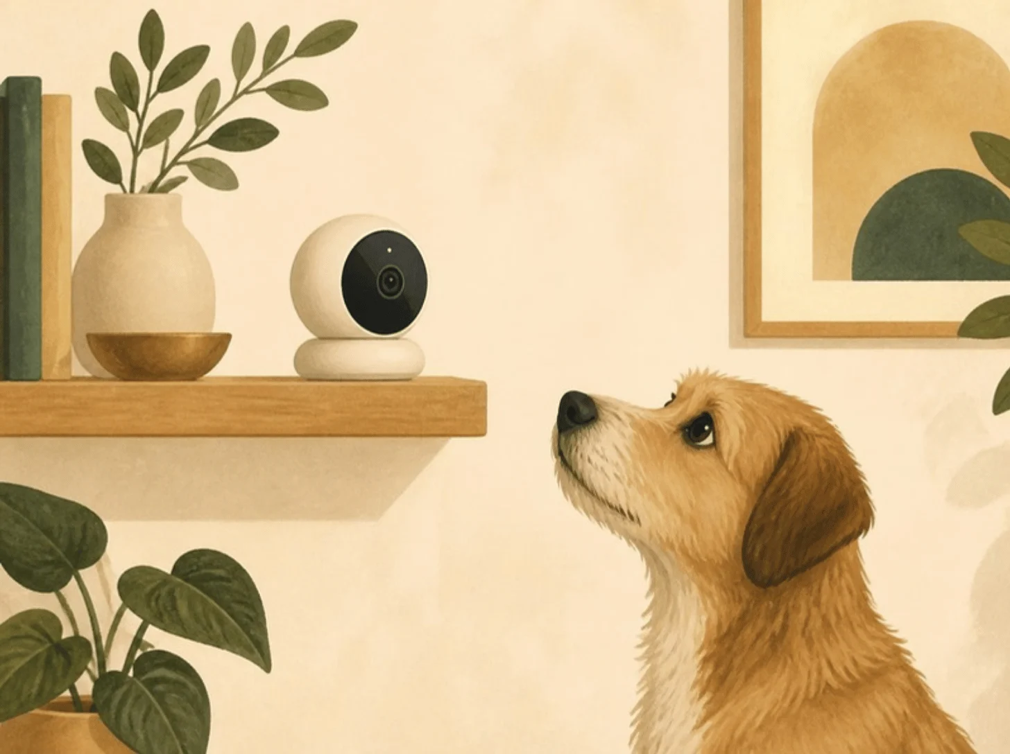 Illustration of a dog looking up at a smart home camera