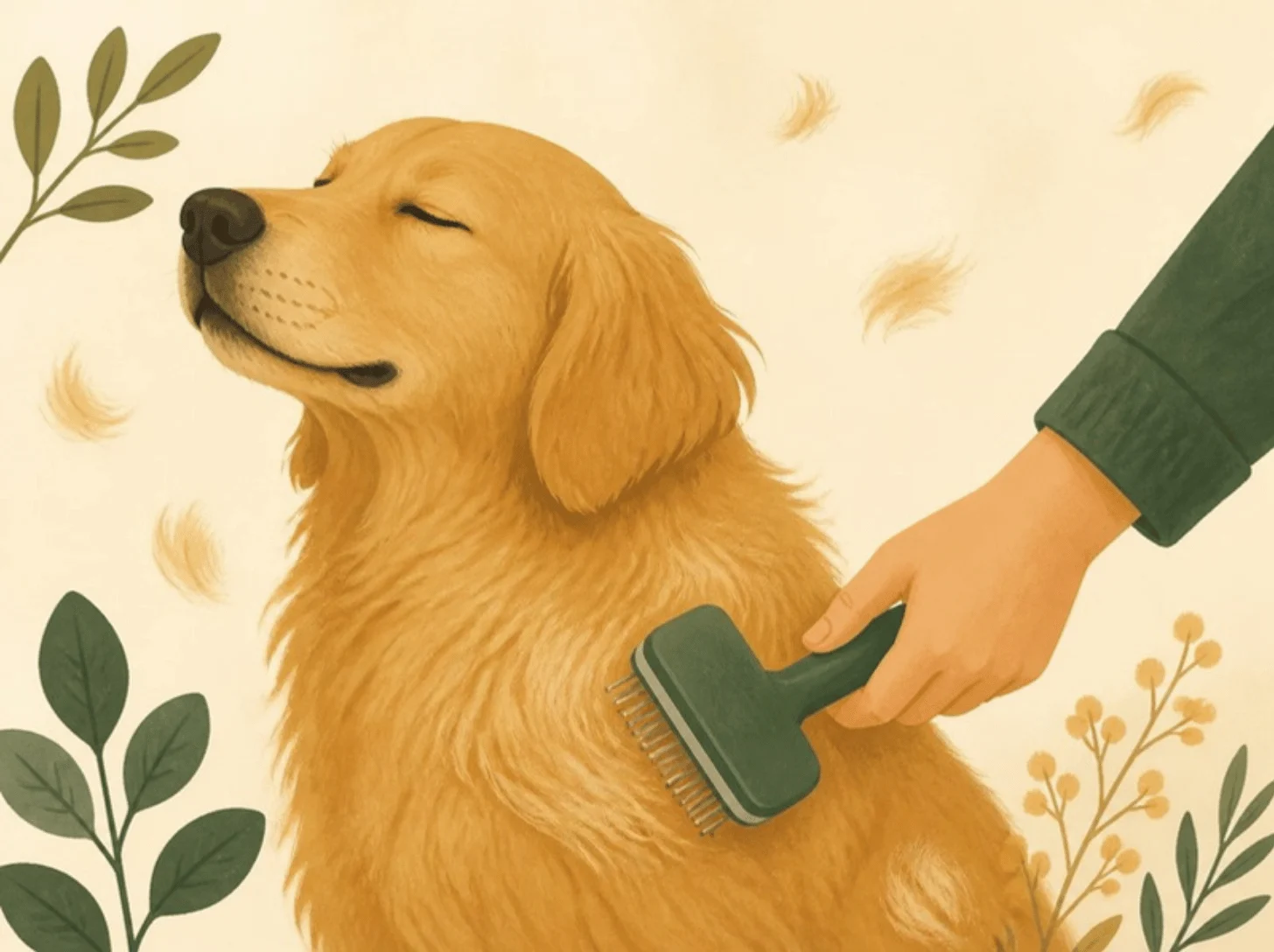 Illustration of a dog being gently brushed and groomed