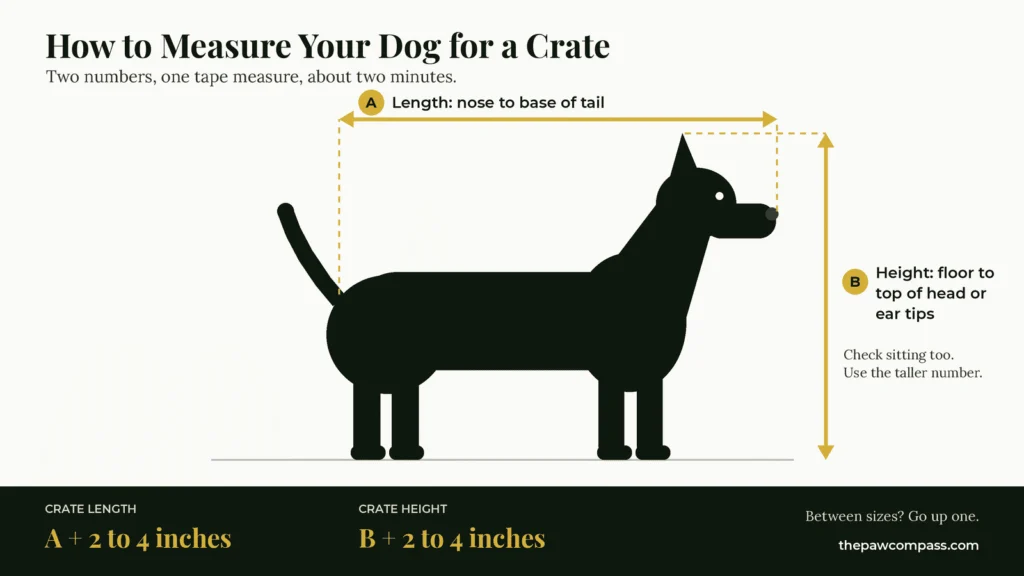 How to measure your dog for a crate: nose to base of tail for length, floor to top of head or ear tips for height, then add 2 to 4 inches
