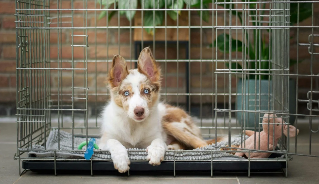 Dog crate size chart guide: puppy lying in a wire dog crate with room to stretch out
