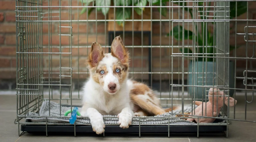 Dog crate size chart guide: puppy lying in a wire dog crate with room to stretch out