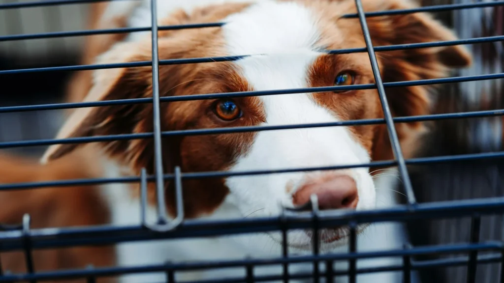 Brown and white dog looking out through the bars of a black wire crate