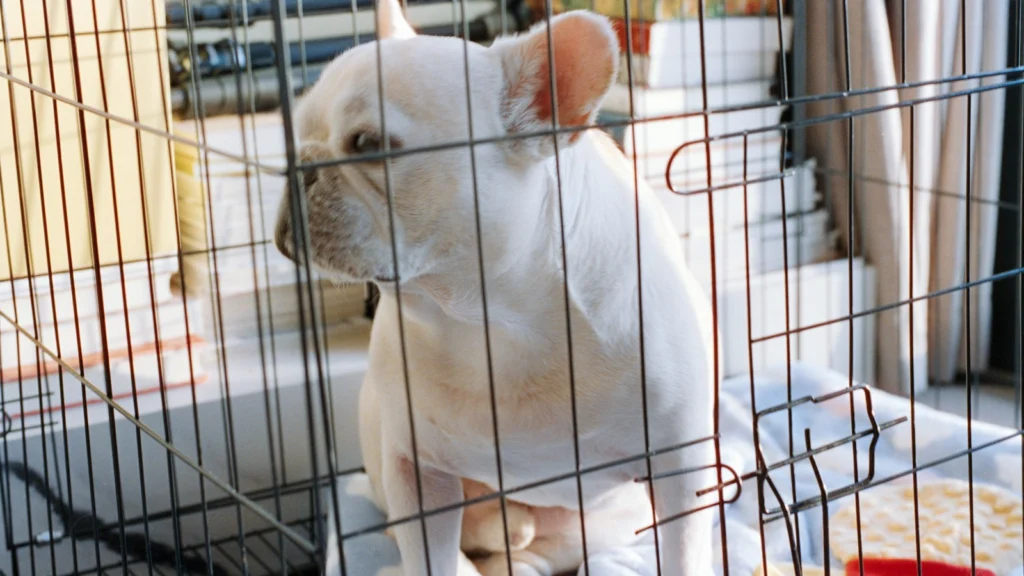 French Bulldog sitting in a wire crate, a breed that usually needs a 30 inch crate