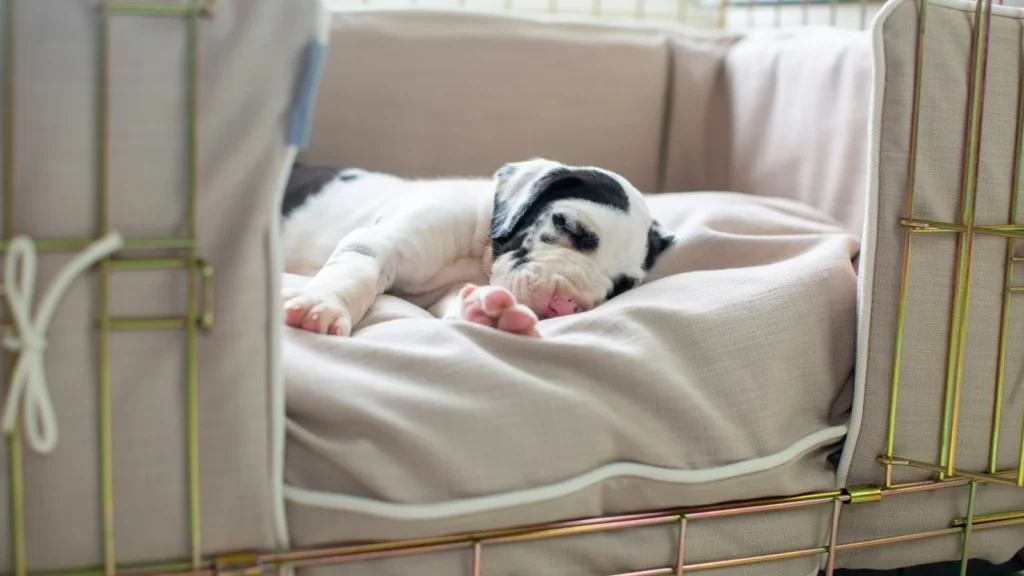 Great Dane puppy asleep on a bed inside a wire dog crate, a breed that grows into a 54 inch crate
