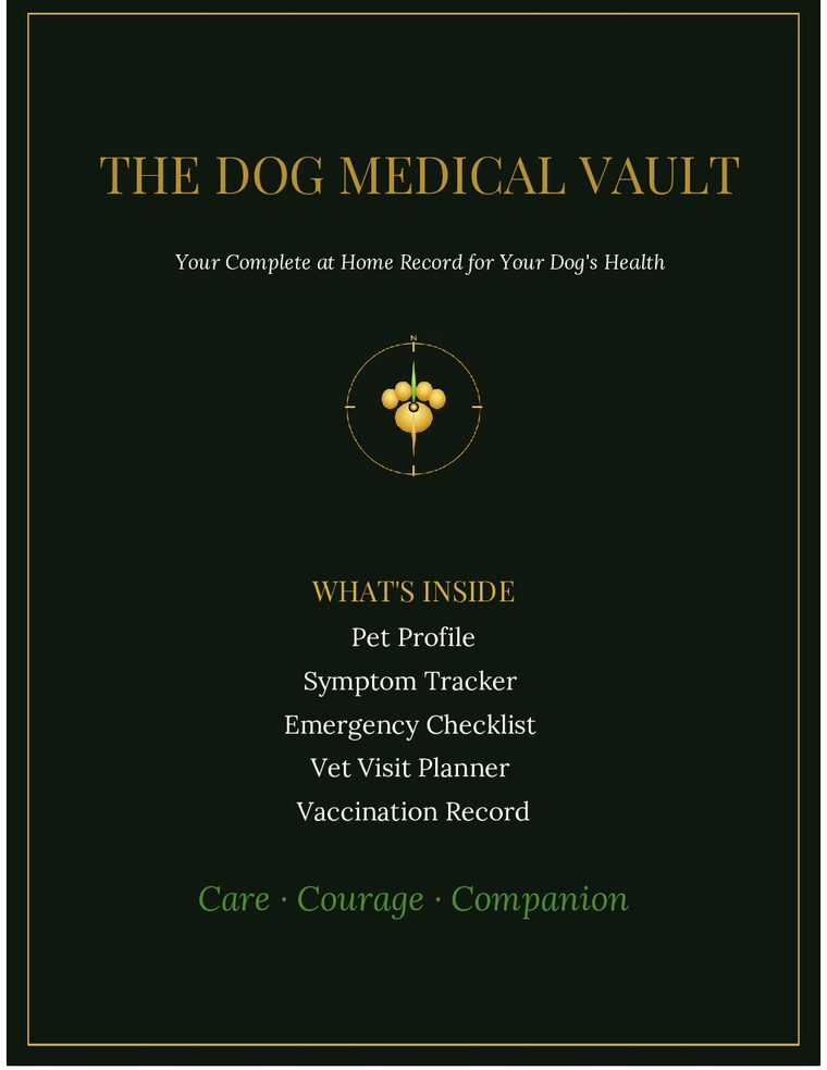 Cover of the Dog Medical Vault PDF with a golden paw print compass on dark green