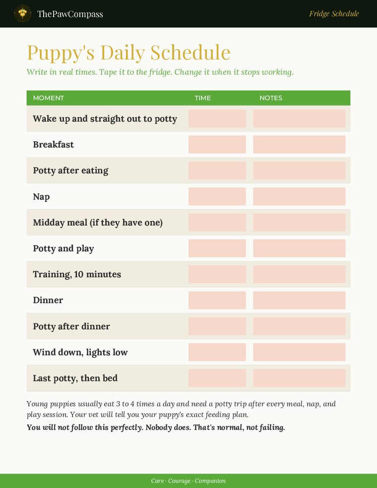 Puppy daily schedule printable with a time box and a notes box for each part of the day