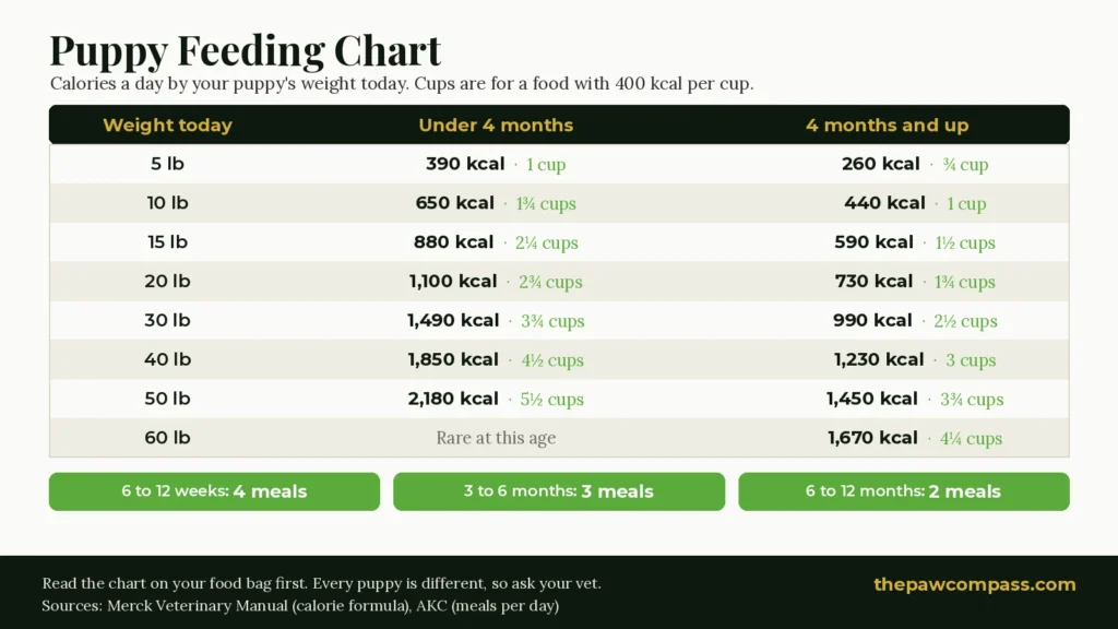 Puppy feeding chart by age and weight showing daily calories and cups for a 400 kcal per cup food, from 5 lb to 60 lb, plus meals per day by age