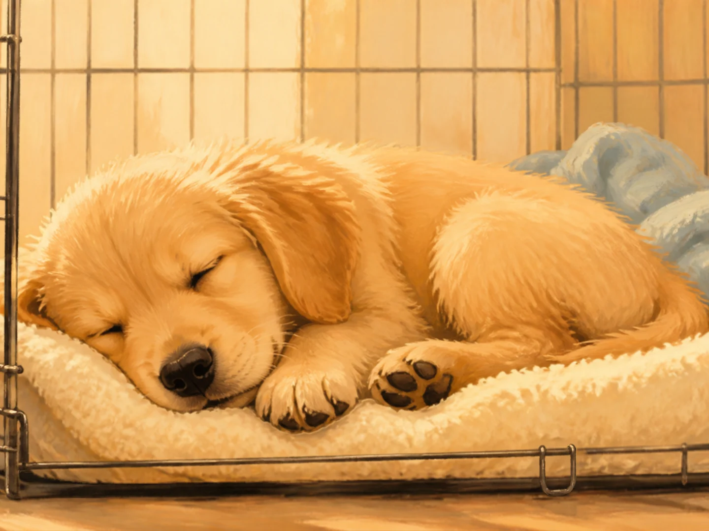 Illustration of a golden puppy asleep in a wire crate