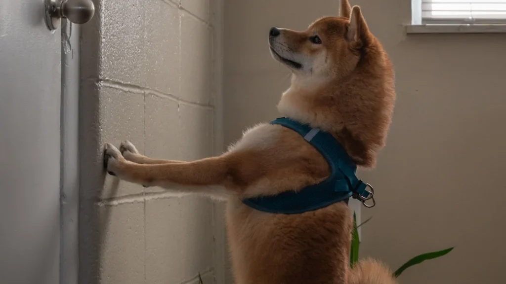 Shiba Inu standing and pawing at the door, a common sign a dog needs to go out