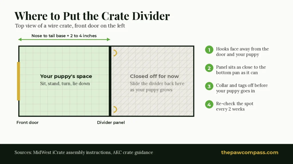 Dog crate with divider diagram, showing where to put the divider: the puppy space at the front door end measures nose to tail base plus 2 to 4 inches, hooks face the back, panel sits close to the pan